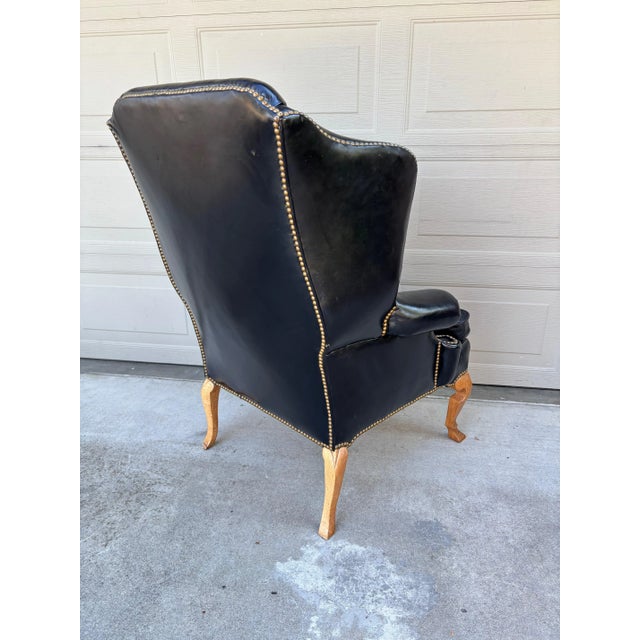 Chippendale Vintage Antique Leather Nailhead Brass Wing Back Chair Library Baker Hancock Era For Sale - Image 3 of 14