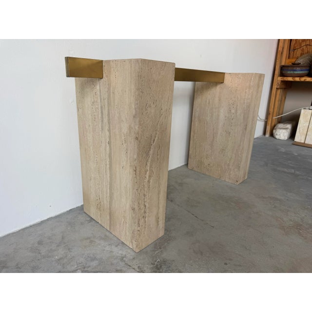 Postmodern Italian Postmodern Guy Barker for Ello Travertine and Brass Console / Sold For Sale - Image 3 of 11