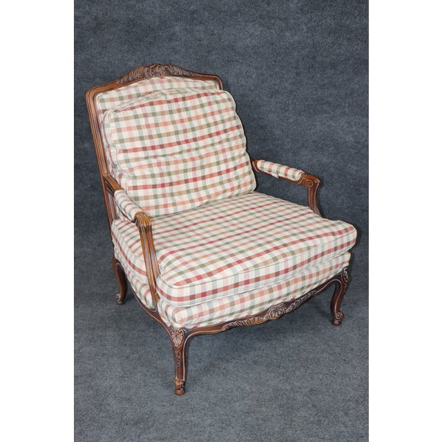 Beige Pair Louis XV Style Carved Wood Armchairs With Plaid Upholstery For Sale - Image 8 of 15