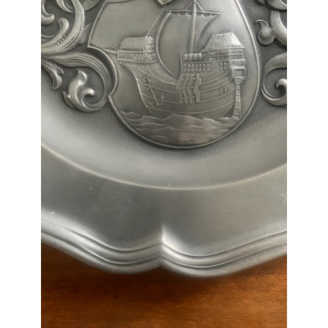 Gray Mid-Century European Pewter Heraldic Wall Plate With Ship Crest For Sale - Image 8 of 12
