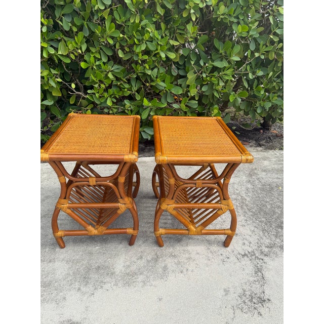Late 20th Century Rattan End Tables With Magazine Racks - A Pair For Sale - Image 5 of 11