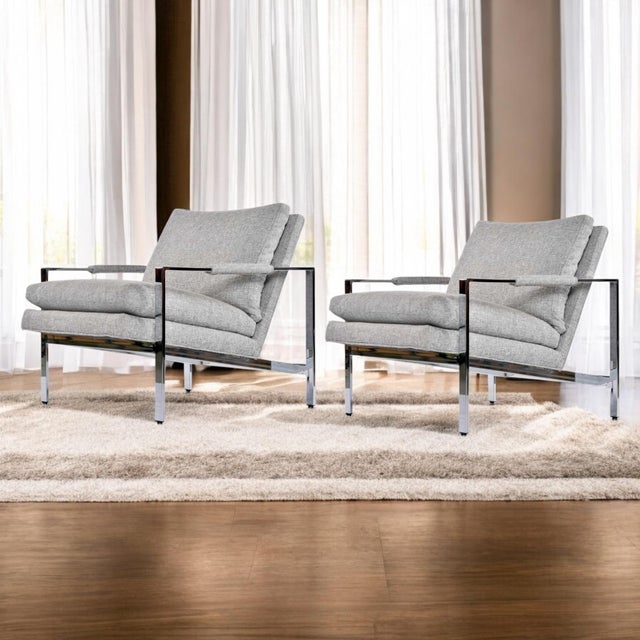 1970s Pair of Milo Baughman for Thayer Coggin Gray 951 Flat Bar Chrome Lounge Chairs For Sale - Image 5 of 14