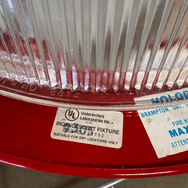 Metal Vintage Ribbed Holophane Pendant Lamp W/ Red Metal Frame #1 - Made in Canada For Sale - Image 7 of 10