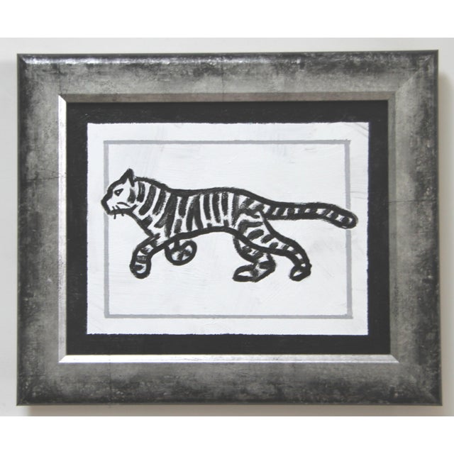 A tiger in black and white with multiple borders. Abstract, Minimalism, Folk Art, English Traditional, shabby Chic,...