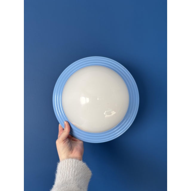 Vintage Blue Metal Wall Light with Opaline Globe 1970s Design Light Fixture For Sale - Image 9 of 9