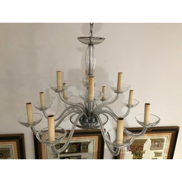 1940s Czechoslovakian Glass Chandelier 12 Arm Transparent Grey and Silver This stylish and chic chandelier dates to the...