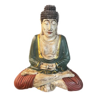 Mid 20th Century Seated Buddha Painted Carved Wood Sculpture For Sale
