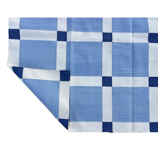 Handmade Cotton Vegetable Dyed Rug, Sky Blue and White Tile Geometric Dhurrie-6'x9' For Sale - Image 15 of 18