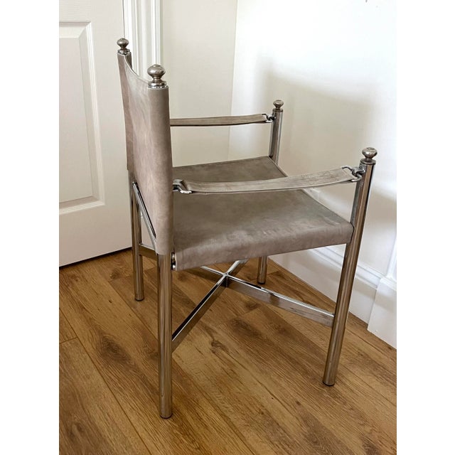 Late 20th Century Vintage Maison Jansen Style, Campaign Pace Director Arm Chair, Suede Leather Chrome and Brass For Sale - Image 5 of 11