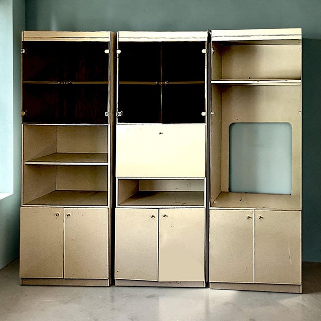 Mid-Century Modern Cream Laminate and Smoked Glass Three-Section Freestanding Wall Unit - 3 Piece Set For Sale - Image 12 of 13