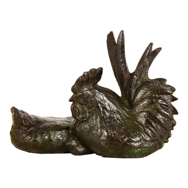 Japanese Meiji Period Bronze Okimono Sculpture of Rooster & Hen For Sale