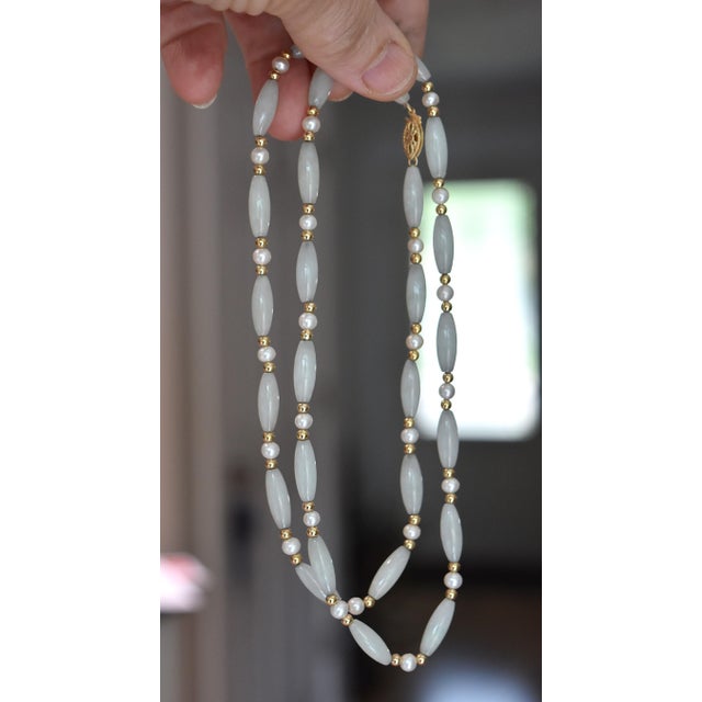 Vintage Barrel Jade & Pearl 14k Beaded 26" Necklace For Sale - Image 16 of 17