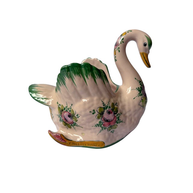 1970s Vintage Portuguese Hand-Painted Pink Floral Ceramic Swan Planter For Sale - Image 5 of 7