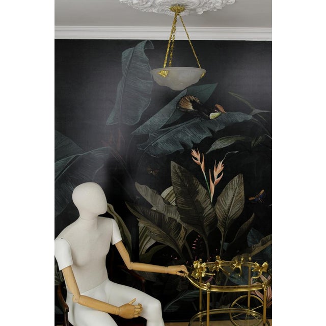 French Art Deco White Frosted Glass and Bronze Pendant Light with Floral Motifs, 1930s For Sale - Image 12 of 18