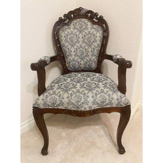 Louis XV Style Bergere Carved Wood and Blue and Dark White Designed Upholstered Chair Vintage For Sale - Image 16 of 16