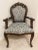 Louis XV Style Bergere Carved Wood and Blue and Dark White Designed Upholstered Chair Vintage For Sale - Image 16 of 16