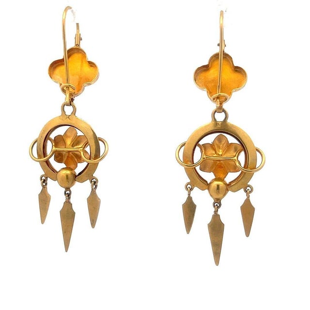 Late 20th Century Art Nouveau Gold Dangle Earrings 15k Yellow Pearl Floral Style, 2 pieces For Sale - Image 5 of 7