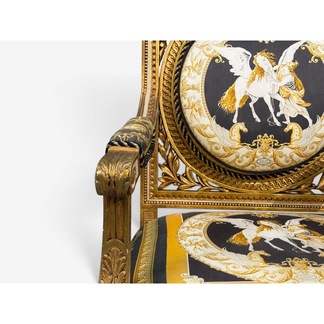 Louis Xvi, French Arm Chair, Versace Fabric, Giltwood, France, 1960s For Sale - Image 15 of 17