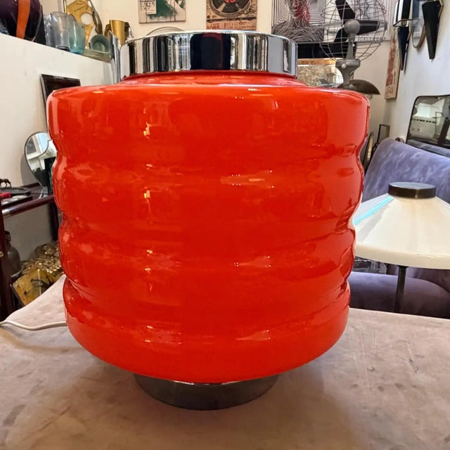 1990s Space Age Chromed Metal and Orange Glass Italian Table Lamp For Sale - Image 6 of 12