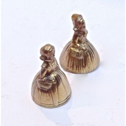 Pair of antique English, miniature brass maiden bells. Each depicting women in period attire. No maker's marks.
