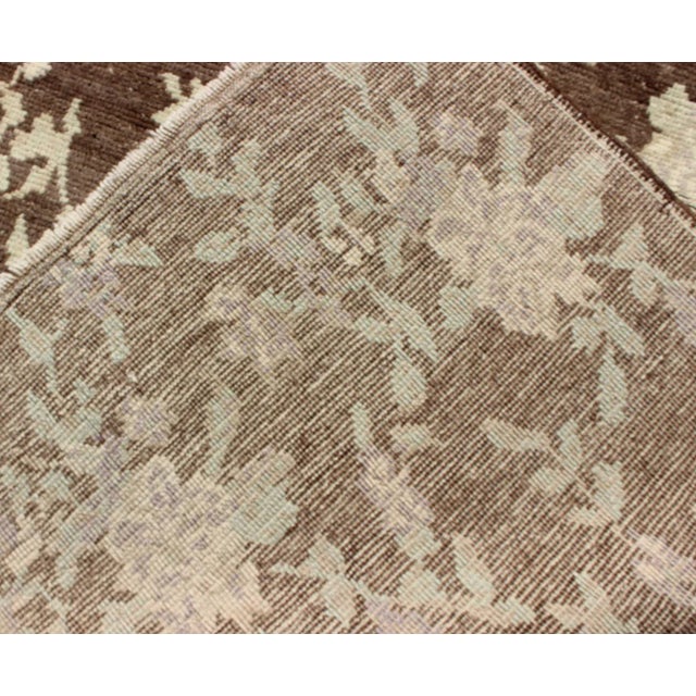 Mocha Vintage Turkish Oushak Rug With Free-Flowing Green & Cream Flower Blossoms For Sale In Atlanta - Image 6 of 7