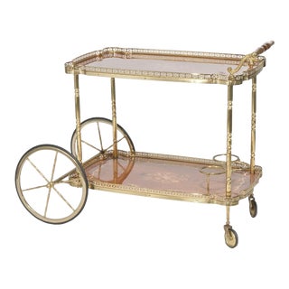 French Style Floral Marquetry Inlaid & Brass Serving Tea Cart 20th Century For Sale