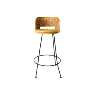 Arthur Umanoff Inspired Rattan & Metal Bar Stool For Sale