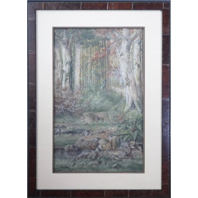 Henri Langerock Belgium Watercolor 'Prowling Lion in the Jungle' For Sale - Image 4 of 5