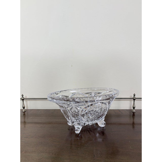 Vintage Cut Crystal Oval Footed Centerpiece Bowl — Starburst & Floral Scalloped Design For Sale - Image 10 of 11