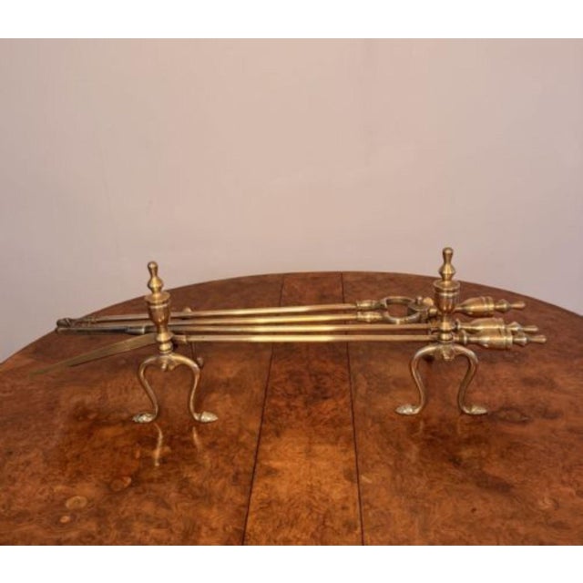 Antique Edwardian Brass Fire Irons and Fire Dogs, 1900, Set of 5 For Sale - Image 6 of 6