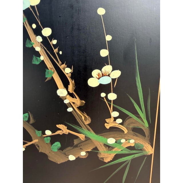 Pair of 1970s Chinoiserie Black Lacquer Nightstands With Hand-Painted Birds & Brass Hardware For Sale - Image 11 of 17