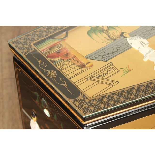 Chinoiserie Decorated Black and Gold Lacquer Glass Top Console Cabinet For Sale - Image 9 of 12