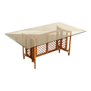 Hollywood Regency Glass Top Bamboo Rattan Dining Table