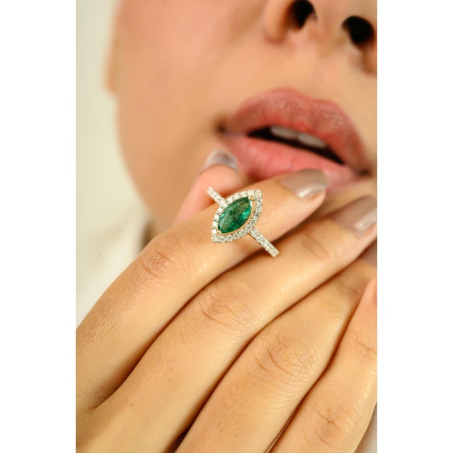 Modern Marquise Cut Emerald Halo Set 18k Gold Engagement Ring Size 6 For Sale - Image 3 of 11