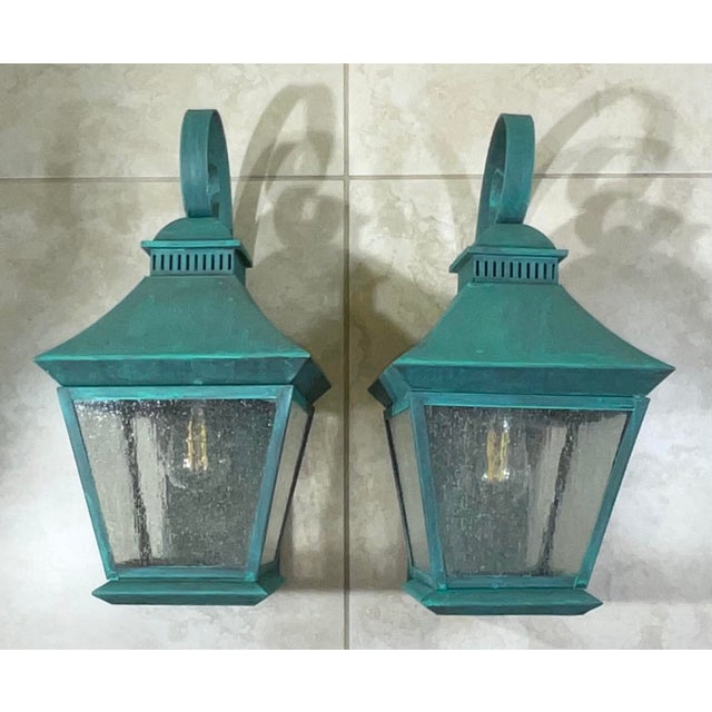 Metal Pair of Vintage Solid Brass Outdoor Lanterns – Arts & Crafts Mission Style For Sale - Image 7 of 13