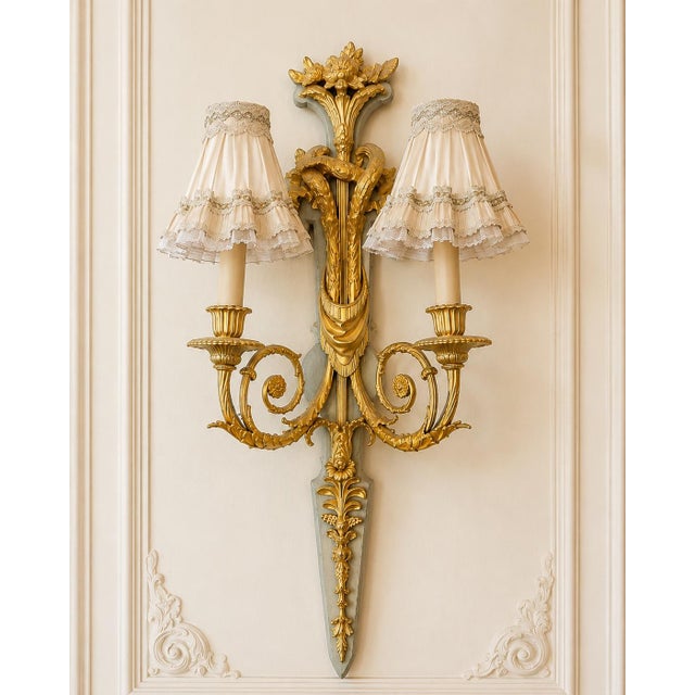 1860 French Artisan Louis XVI Gold Bronze Silk Sconces-Pair For Sale - Image 12 of 17