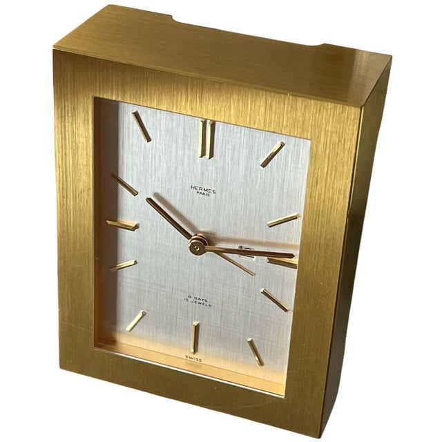 Brass Vintage Hermès 8-Day Brushed Gilt Brass and Silk-Textured Silver Desk Clock — Swiss, C. 1960s–70s For Sale - Image 8 of 16