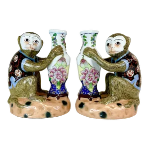 1960s Vintage Chinoiserie Majolica Monkey Tabbaco Leaf Vases, Large Scale - A Mirrored Pair