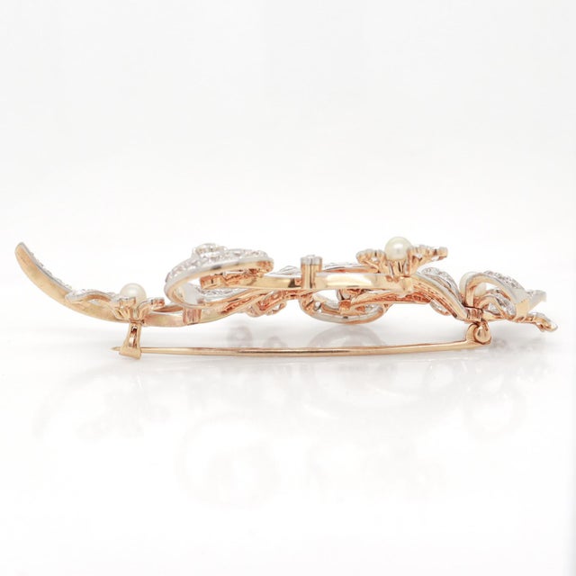 Mid-Century Modern 14k White & Yellow Gold, Diamond, & Pearl Floral Brooch For Sale - Image 10 of 12