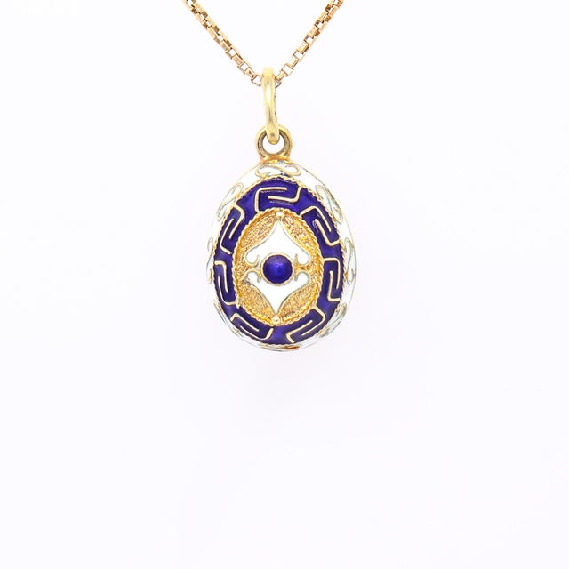 Vintage 14k Gold and Blue & White Enamel Figural Russian Style Egg Charm Pendant For Sale - Image 4 of 12