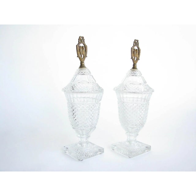 Antique Diamond Cut Glass Lidded Urns With Brass Love Bird Finials - a Pair For Sale - Image 13 of 13