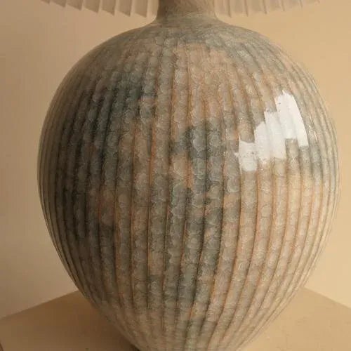 Crackled Ceramic Lamp Ceramic lamp with beautiful ribbing and a mottled cloud like colouring of dusty pink and blue. Shade...