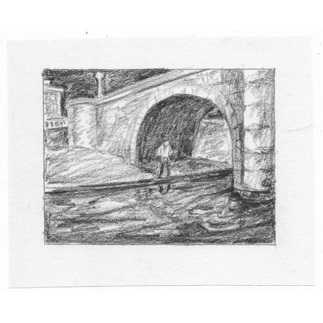 Drawing of a man under a bridge by a canal or river. Unsigned. Combined shipping available, please inquire.
