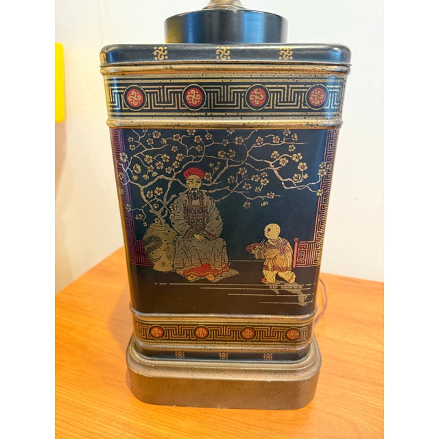 1970s Vintage Tea Caddy Lamp W/ Silk Shade For Sale - Image 5 of 12