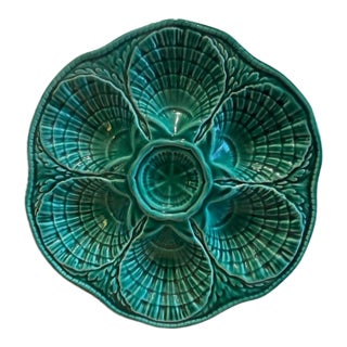 1950s French Sarreguemines Green Majolica Oyster Plate For Sale