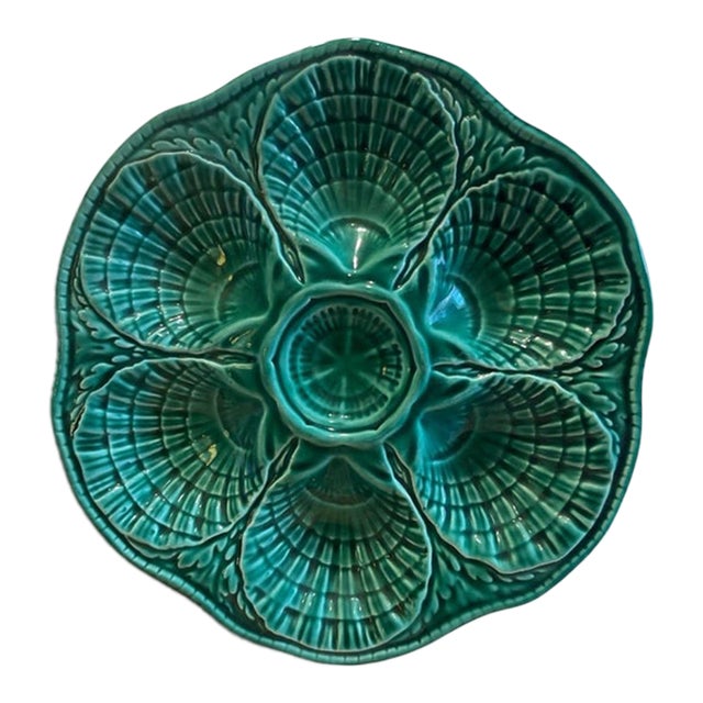 1950s French Sarreguemines Green Majolica Oyster Plate For Sale