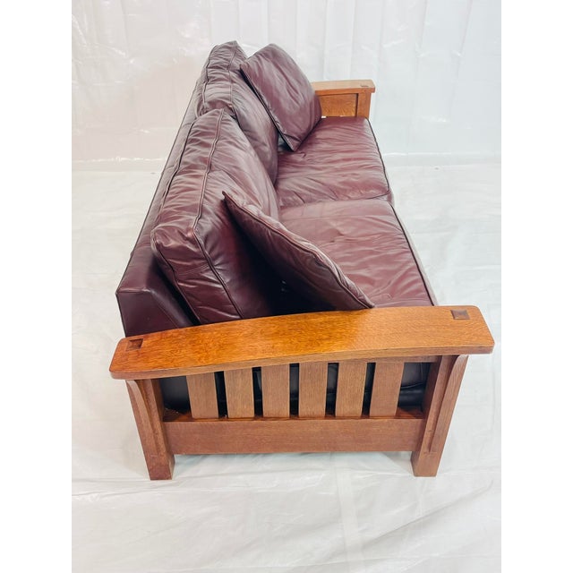 1980s Stickley Arts & Crafts Solid Oak Sofa With Burgundy Leather Upholstery For Sale - Image 9 of 16
