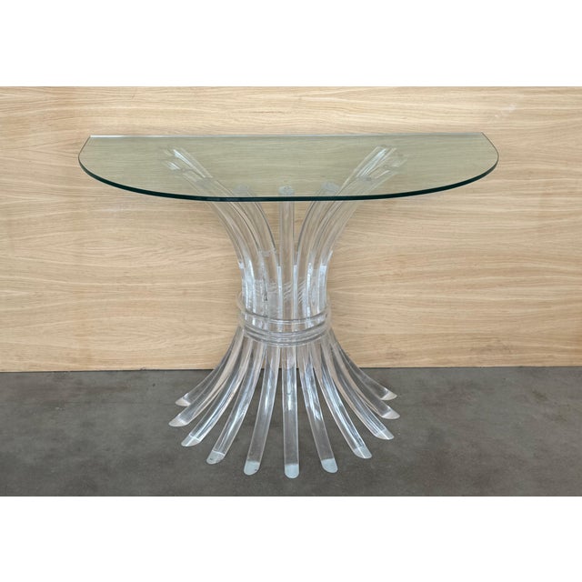Mid 20th Century Demilune Console Table with Pedestal Lucite Base and Clear top Glass For Sale - Image 10 of 18