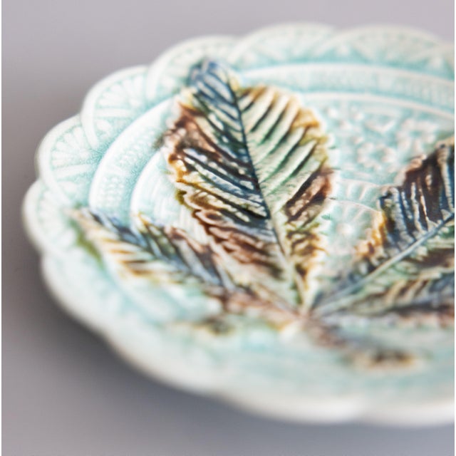 19th Century Swedish Rörstrand Majolica Turquoise Chestnut Leaf Plate For Sale - Image 4 of 6
