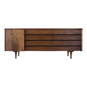 Large Mid Century American of Martinsville Credenza or Dresser With Black Leather Pulls